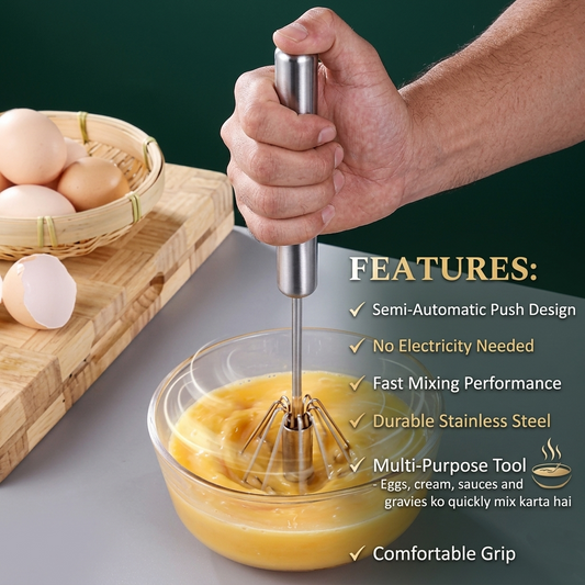Semi-Automatic Hand Push Egg Beater | Stainless Steel Manual Whisk Mixer (30.5 x 6.5 cm)