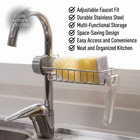 Adjustable Stainless Steel Faucet Sponge Holder | Kitchen Sink Organizer Rack