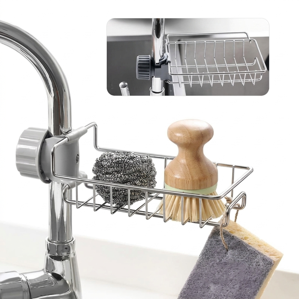 Adjustable Stainless Steel Faucet Sponge Holder | Kitchen Sink Organizer Rack