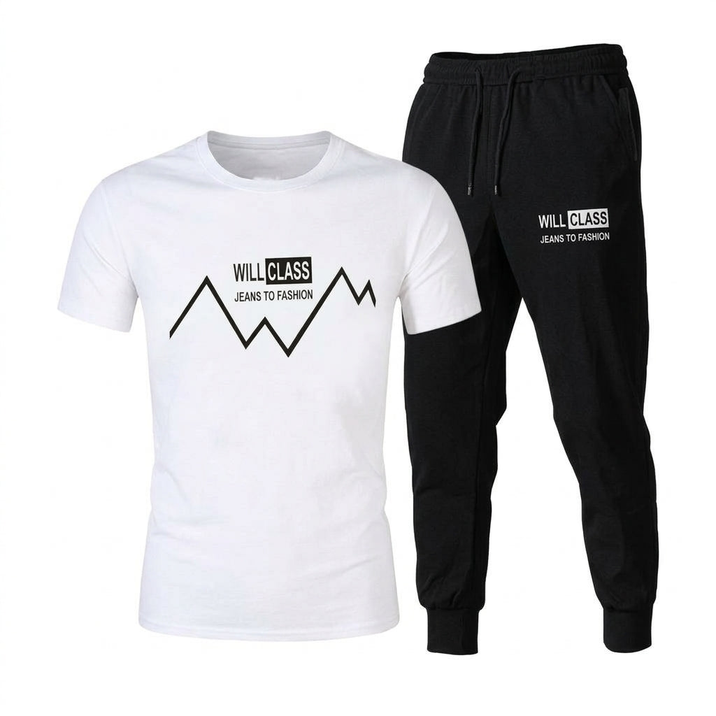 Men's Printed Tracksuit Soft Fabric Stylish White Half Sleeve T Shirt and Black Trouser Fashionable Outfit