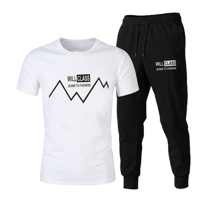 Men's Printed Tracksuit Soft Fabric Stylish White Half Sleeve T Shirt and Black Trouser Fashionable Outfit